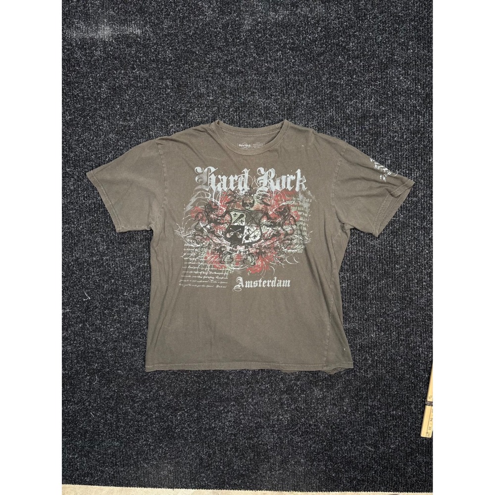 Hard Rock Cafe Amsterdam Graphic T-Shirt Mens Large Olive Brown Crest Skull Tee